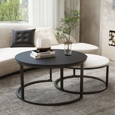 a living room filled with furniture and a fire place next to a window on top of a carpeted floor