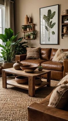 #homedecor, #interiordesign, #homedesign, #decor inspiration ,#homeinterior ,#earthydecor ,#christmasroom ,#kitchendecor Pillows On Brown Sofa, Gray Rust Brown Living Room, Brown Wood Furniture Living Room, Cozy Brown Couch Living Room, Living Room Decor Leather Furniture, Green And Brown Aesthetic Living Room, Living Room Inspo Brown Leather Couch, Boho Brown Couch Living Room, Wood Themed Living Room