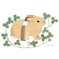 a drawing of a brown rabbit sitting on top of clover leaves and holding a book