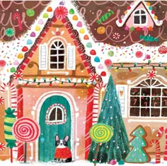 a painting of a gingerbread house with candy canes