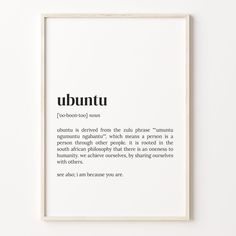 an art print with the words ubuntu in black and white