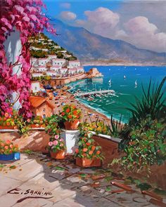 an oil painting of flowers and boats on the water near a town by the beach