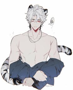 an anime character with white hair and no shirt