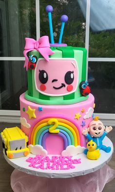 8 and 6 inch two tier girly Cocomelon cake. Cocomelon Third Birthday, Cute Girly Cakes, Cocomelon Cake Ideas For Girl, Cocomelon Birthday Cake Girl, Coco Melon Cake Ideas, Coco Melon Birthday Party Ideas, Cocomelon Party Ideas For Girl