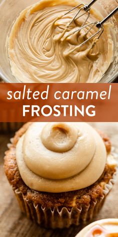 some cupcakes with frosting on top and the words salted caramel frosting above them