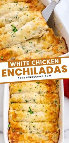 white chicken enchiladas in a casserole dish with text overlay