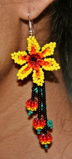 Native American Earrings Huichol Earrings by BiuluArtisanBoutique Huichol Beading, Huichol Earrings, Red Flower Earrings, Bead Flowers, Earrings Native American, Jewelry Hippie, Bead Fringe, Earrings Dangling, Huichol Art