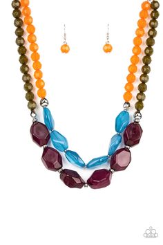 Faceted strands of opaque orange and Olive Branch crystal-like beads give way to a colorful assortment of oversized blue and plum crystal-like accents. Shiny silver beads adorn the hearty layers, adding a dash of metallic glitz to the tropical inspired display. Features an adjustable clasp closure.

Sold as one individual necklace. Includes one pair of matching earrings. Multi Necklace, Bling Necklace, Purple Necklace, Paparazzi Accessories, Olive Branch, Paparazzi Jewelry, Shiny Silver, Black Crystals, Necklace Earring Set