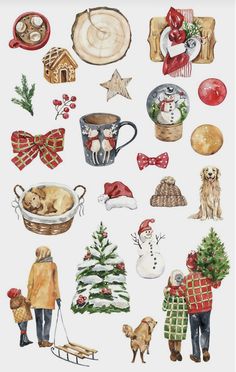 watercolor painting of christmas items and people in winter clothes, with dog on sled