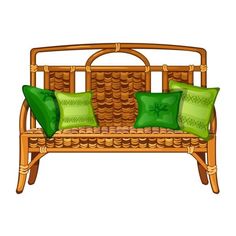 a wicker couch with green pillows on it and a pillow in the middle, isolated against a white background