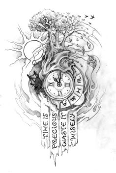 a drawing of a clock with trees and birds on it's face, surrounded by words