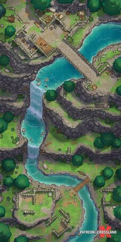 an aerial view of a river, bridge and town in the game pokemon world map