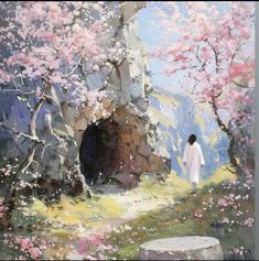 an oil painting of a person walking towards a tunnel in the woods with pink flowers