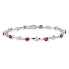 Rhodium over 14k white gold 0.243 cttw white sapphire and 2.2 cttw ruby bracelet. Measures approximately 3/16 of an inch in width and has a lobster claw closure. Red Ruby Bracelet, Ruby Bracelet, White Gold Sapphire, Horses Pendant, Gold Bracelet For Women, White Gold Bracelet, Elephant Pendant, Sapphire Bracelet, Ruby Stone