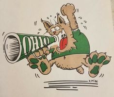 a drawing of a cat holding a green and white megaphone with its paws in the air