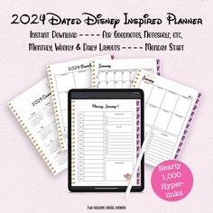 the disney inspired planner is shown in three different colors and sizes, including one for each month