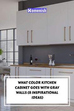 a kitchen with white cabinets and gray walls