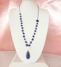 Kaylee Necklace in Sapphire - A versatile long style necklace made with labradorite. This necklace can be layered, worn as a lariat, or adjusted to have either the chunky chain or simple chain as the detail of your center piece. | A Blonde and Her BagKaylee Necklace in Sapphire. A versatile long style necklace made with labradorite. This necklace can be layered, worn as a lariat, or adjusted to have either the chunky chain or simple chain as the detail of your center piece. Size: 38" Length, 2" Sausalito California, Simple Chain, Beaded Pendant Necklace, Sapphire Pendant, Long Style, Style Necklace, Beaded Pendant, Flower Gift, Spring Rings