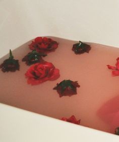 red roses floating in a bathtub filled with water