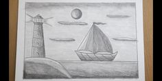 a pencil drawing of a sailboat and a lighthouse on the ocean with an moon in the sky