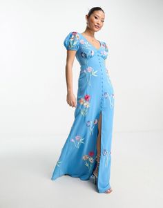 Elegant Blue Maxi Dress With Floral Embroidery, Spring Floor-length Embroidered Dress, Spring Embroidered Floor-length Dress, Elegant Embroidered V-neck Maxi Dress, Fitted Floral Embroidered V-neck Midi Dress, Spring Floral Embroidery Maxi Dress, Fitted Embroidered Maxi Dress For Spring, Spring Floral Embroidered Maxi Dress, Blue Embroidered Floor-length Maxi Dress