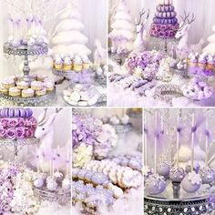 there are many different pictures of cakes and cupcakes on this cake stand,