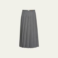 Prada skirt with a detachable belt with metal buckle Slip included Wraparound pleated silhouette Midi length Side button Mohair/virgin wool Dry clean Made in Italy Elegant Wool Pleated Skirt With Lining, Elegant Wool Pleated Skirt For Work, Wool Pleated Office Skirt, Classic Belted Skirt For Workwear, Workwear Flared Skirt With Belt Loops, Elegant Wool Full Skirt, Luxury Formal Long Skirt, Classic Workwear Skirt With Belt Loops, Classic Office Skirt With Belt Loops