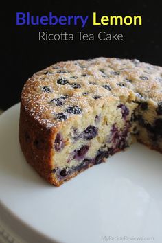 a blueberry lemon ricotta tea cake on a plate