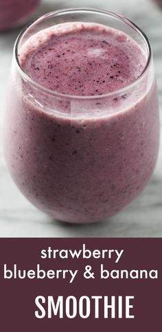 Close up shot of a glass of the strawberry, blueberry, and banana smoothie. Below the image, there is a text overlay saying: strawberry blueberry & banana smoothie. Strawberry Banana Blueberry Smoothie, Blueberry And Banana Smoothie, Fruit Desserts Easy, Strawberries And Blueberries, Blueberry Banana Smoothie, Blueberry Smoothie, Homemade Juice