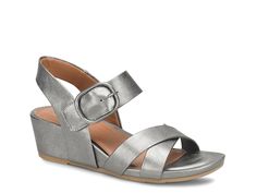 Eurosoft Rowe Sandal Casual Silver Wedge Sandals For Summer, Spring Silver Ankle Strap Wedge Sandals, Silver Ankle Strap Wedge Sandals For Spring, Silver Wedge Sandals With Heel Strap For Spring, Casual Silver Wedge Sandals With Round Toe, Silver Casual Wedge Sandals With Round Toe, Casual Silver Wedge Heel Sandals, Summer Crossover Sandals With Heel Loop, Casual Silver Ankle Strap Sandals