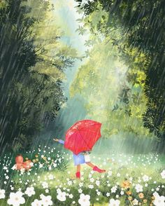 a painting of a person walking in the rain with an open red umbrella over their head