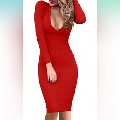 Product Details Sleeve Type Long Sleeve Fit Type Slim Red V-neck Bodycon Dress For Winter, Winter Red Mini Dress, Chic Red Long Sleeve Bodycon Dress, Red V-neck Bodycon Dress For Spring, Spring Red V-neck Bodycon Dress, Red Solid Color Midi Dress For Date Night, Red V-neck Midi Dress, Long Sleeve Red Bodycon Dress For Date Night, Red Long Sleeve Midi Dress For Night Out