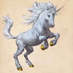 a painting of a white unicorn with long mane and tail, holding an apple in its paws