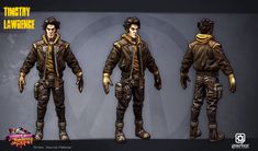 three different views of the same character in an animated video game, one is wearing a jacket and pants