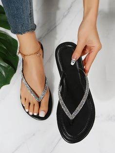 Black Glamorous Collar   Plain Thong Sandals Embellished   Women Shoes Wedding Shoes Flats Sandals, Women Flat Sandals, Wedding Shoes Flats, Flats Sandals, Rhinestone Decor, Shoes Flats Sandals, Fashion Sandals, Sandals For Women, Womens Sandals Flat