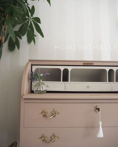 a pink dresser with some drawers on top of it next to a potted plant