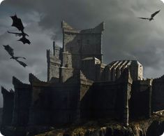 a castle with bats flying over it and dark clouds in the sky above, as well as birds