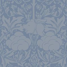 a blue and white wallpaper with flowers and clouds in the center, on a light blue background