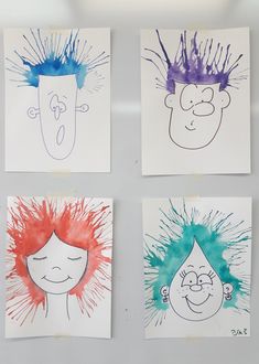 four children's drawings are displayed on a white board with blue, red and green ink