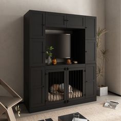 a living room with a black entertainment center