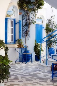 a white house with blue shutters and potted plants