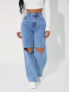 Light Wash Casual Collar  Denim Plain Straight Leg Embellished Non-Stretch  Women Clothing Cut Out Top Outfit, Straight Cut Jeans Outfit, High Waist Baggy Jeans, High Waist Straight Jeans, High Waisted Baggy Jeans, Shein Jeans, Asos Jeans, Moda Jeans, Straight Cut Jeans