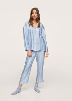 Striped satin pajama pants - Woman | MANGO USA Striped Pyjama, Satin Pajama Pants, Pyjama Satin, Satin Pajama, Womens Pajamas Pants, Satin Pajamas, Stripes Design, Duster Coat, Two Piece Pant Set