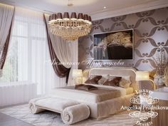 an elegant bedroom with chandelier and bed in the center is decorated in shades of beige