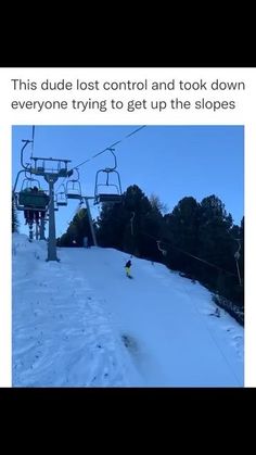 a ski lift with people skiing down the hill on it's side and another person standing in the snow at the bottom