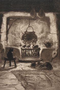 a black and white drawing of a person sitting on a chair in front of a fireplace