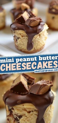 mini peanut butter cheesecakes with chocolate drizzled on the top and bottom