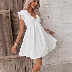 Women's Boho Dress White V-Neck Embroidered Dress Party Dresses Spring V-neck Embroidered Mini Dress, Spring Embroidered V-neck Mini Dress, Floral Embroidered V-neck Dress For Brunch, V-neck Floral Embroidered Dress For Brunch, Embroidered V-neck Mini Dress For Brunch, Casual V-neck Embroidered Dress For Brunch, Chic V-neck Dress With Floral Embroidery, Casual Embroidered V-neck Dress For Brunch, White V-neck Dress With Floral Embroidery