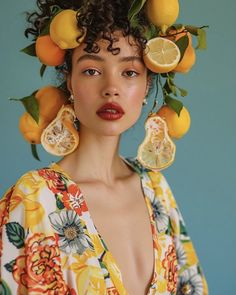 a woman with lemons and oranges on her head, wearing a floral dress