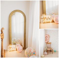 a birthday party with confetti and balloons in front of a mirror, chair, and table